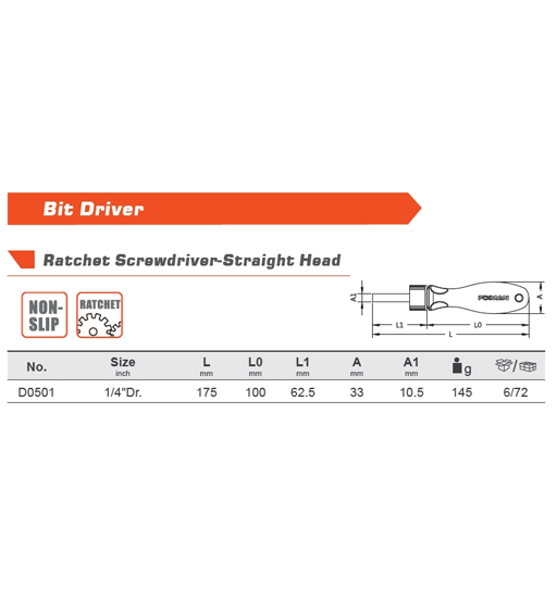 Ratchet Screw Driver 1/4" Dr Straight Fixman – view 2